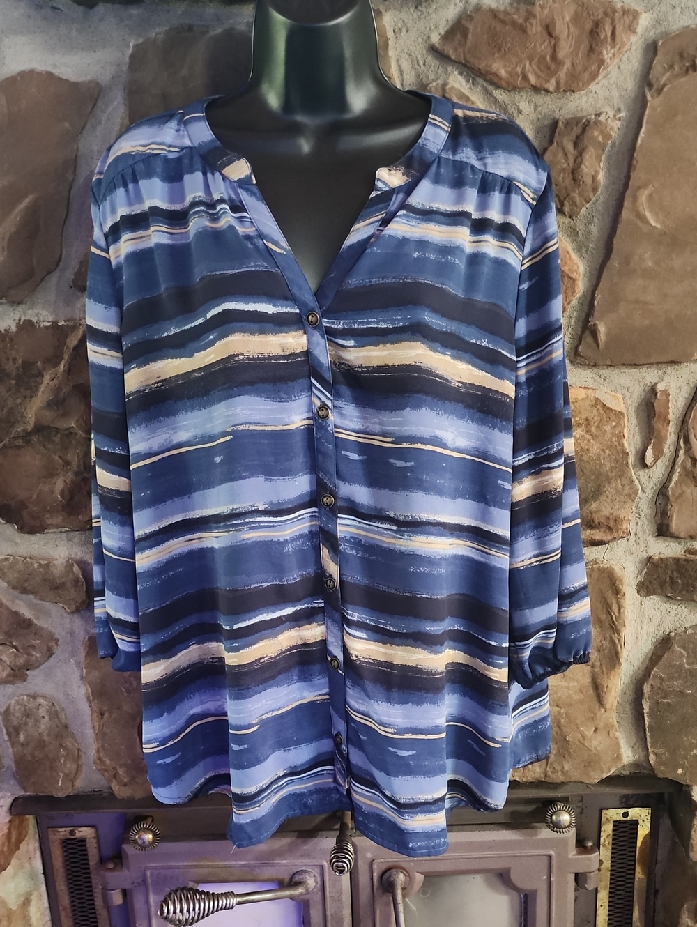 dressbarn Blue and Cream Striped Button-Front Blouse